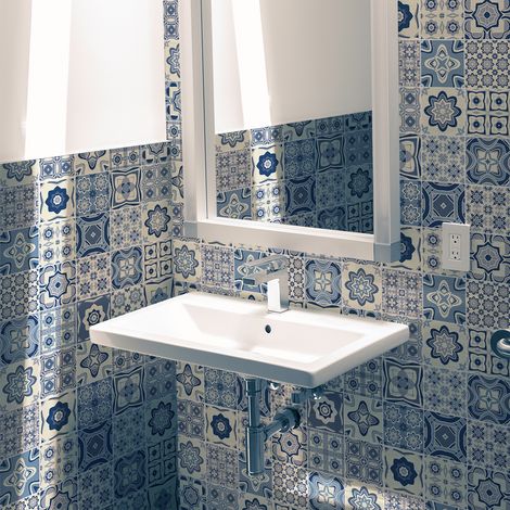 Sticker Mural Carrelage adhésif Cuisine Salle de Bain - 24 STICKERS CARREAUX DE CIMENT AZULEJOS MIGUELA - 24stickers10x10cm (1/5)