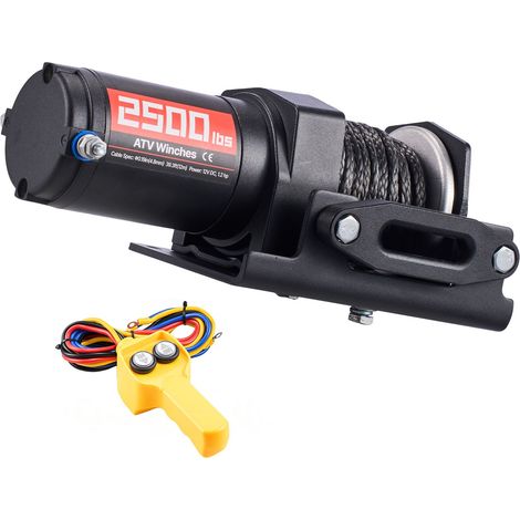 Treuil électrique 1134 kg, 12V CC pour quad/SSV, corde synthétique 4,8 mm x 12 m, télécommande filaire, étanche IP55, plaque de montage en aluminium, noir (1/5)