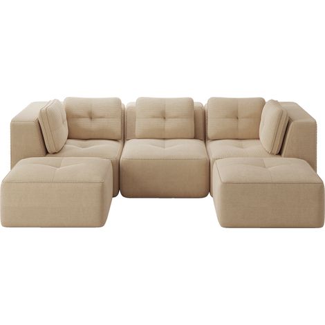 Canapé d’angle modulaire beige 3 places en velours côtelé, avec méridienne, assise profonde 74 cm, sans cadre ni montage (1/5)