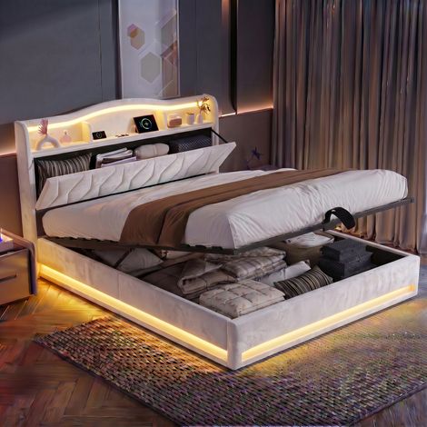 Lit coffre adulte 160x200 cm beige capitonné avec rangement hydraulique, fonction charge USB et éclairage LED (1/5)
