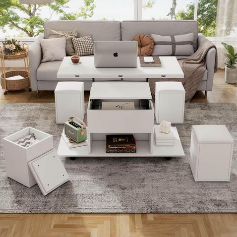 Table Basse Relevable à roulettes 100x50x48cm,Table Basse Salon Pliante Moderne avec Plateau Déformable,4 Tabourets à Rangement,Espace Ouvert de Stockage(Blanc)