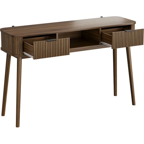Mesa Consola de Madera de Nogal Estilo Mid-Century con 2 Cajones y Estante Abierto (1/5)