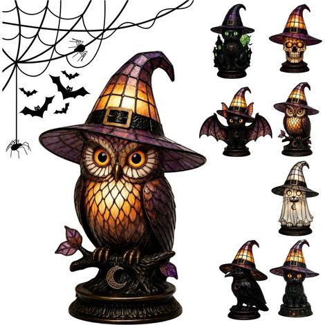 Lampe chapeau sorcière 28cm – Résine artisanale – Halloween – USB – Gothique décorative (1/5)