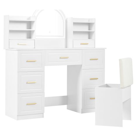 Coiffeuse avec miroir, éclairage LED, table de toilette à 9 tiroirs, blanche, pour salon ou chambre