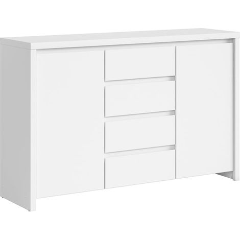Commode buffet meuble de rangement à 2 portes et 4 tiroirs, coloris Blanc/Blanc Mat - Longueur 143,5 x Profondeur 40,5 x Hauteur 92 cm (1/5)