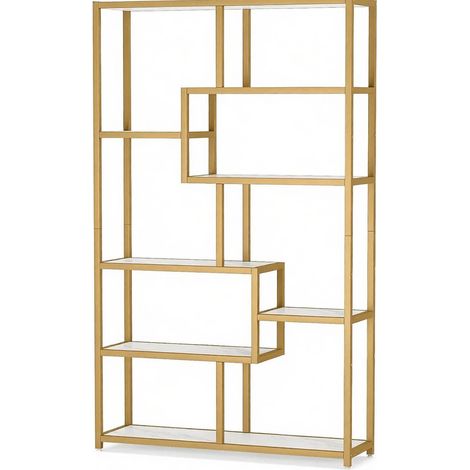 Estantería abierta de pie con 8 baldas, metal dorado y blanco efecto mármol, 180 x 100 x 30 cm (1/5)
