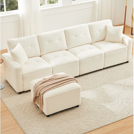 Divano dritto modulare da 4 posti in velluto a coste (panno), con vano portaoggetti e pouf, beige (1/5)