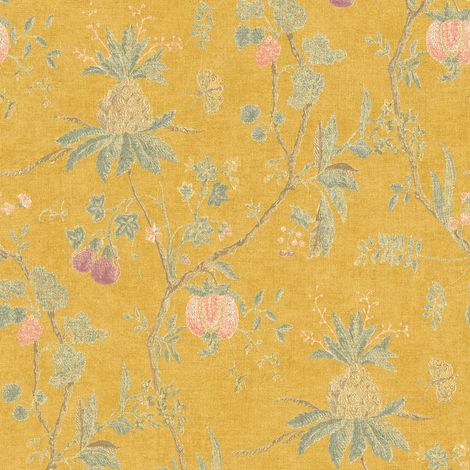 Papier peint intissé fleuri vintage jaune – Motif floral pour salon et chambre – Dimensions 10,05 x 0,53 m – Surface vinyle durable – Bricoflor (1/5)