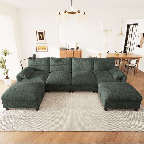 Divano angolare modulare a 6 posti, 273,5x133x81 cm, a L o a U, con 2 pouf contenitore, in ciniglia verde (1/5)