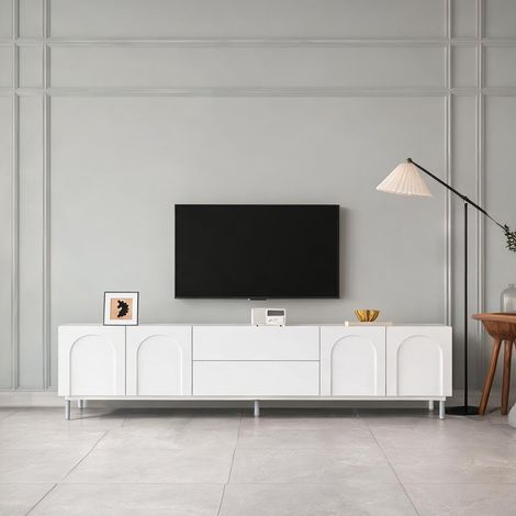 Meuble TV long 180 cm avec rangements et tiroirs blanc (1/5)