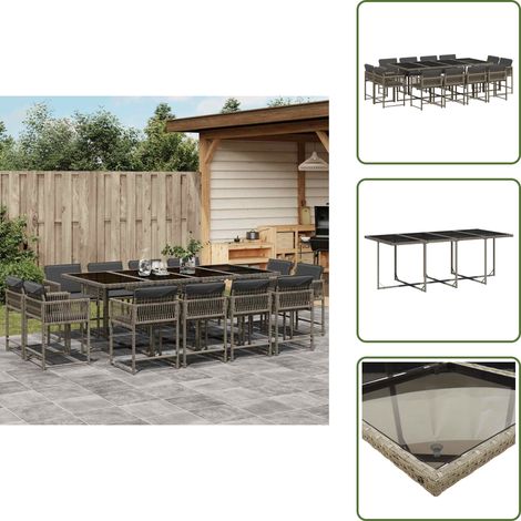 13-tlg. Garten-Essgruppe mit Kissen Grau Poly Rattan - Gartentisch - Esstisch - Gartenmöbel Set - Outdoor Möbel - Terrassenmöbel
