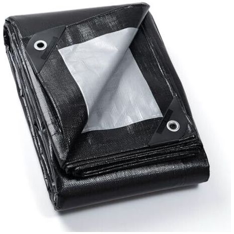 Bâche imperméable à œillets, 3 m x 6 m, noire/grise, toile tissée 190 g/m², polyvalente, résistante à la déchirure, stabilisée aux UV et résistante à la moisissure.