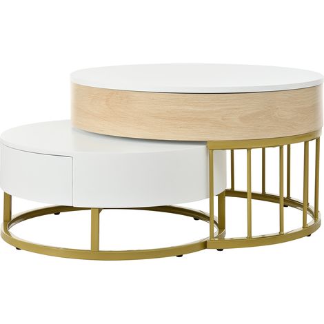 Table basse ronde blanche avec plateau relevable et tiroir, structure en métal doré et MDF, ensemble de deux tables (1/5)