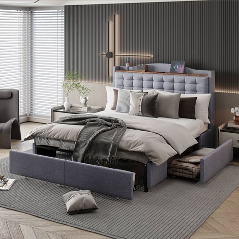 Lit double 140 x 200cm en lin gris, avec 4 tiroirs de rangement, table de chevet intégrée et port usb (1/5)
