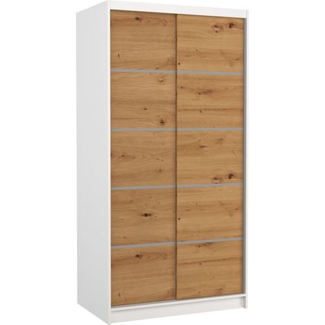 Petite armoire de chambre blanche 2 portes coulissantes en bois artisan Rika 100cm (1/5)
