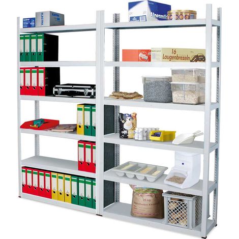 BRB Fachbodenregal mit 12 Böden, Stecksystem, erweiterbar, BxTxH 2x300x2100 mm, lichtgrau, Komplettregal (1/2)