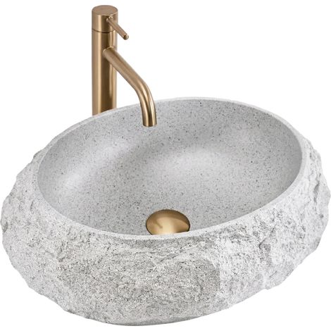 REA – Vasque à poser en pierre artificielle beige – Surface texturée imitant la pierre – Résistante aux chocs et à l'humidité – Nettoyage facile
