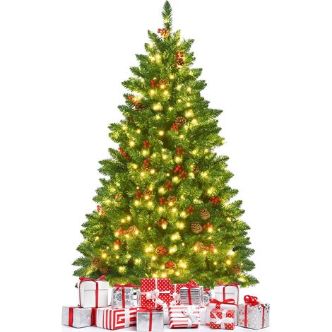 Goplus – Sapin de Noël artificiel 195 cm – Lumineux avec LED blanche chaude – Branches ignifuges avec pommes de pin et baies rouges – Auto-ouverture (1/5)
