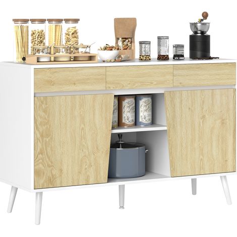 HOMCOM aparador de 2 puertas aparador de salón con 3 cajones estante ajustable mueble para TV para dormitorio 120x39x77 cm blanco y natural (1/5)