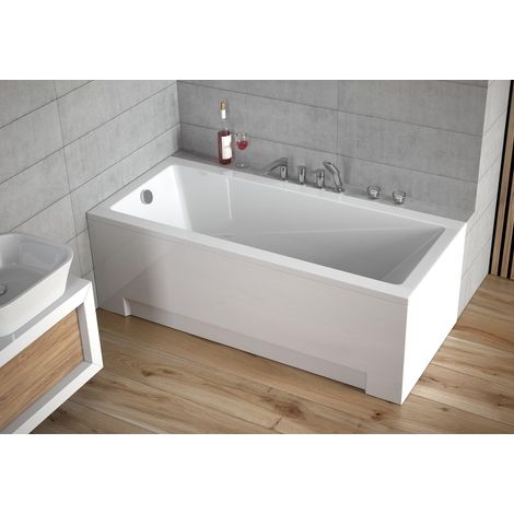 ECOLAM Badewanne Modern 170x70 cm Schürze Acrylwanne Rechteck Wanne Design Komplett-Set Ablaufgarnitur Ab- und Überlauf Automatik Füße + Silikon Acryl weiß
