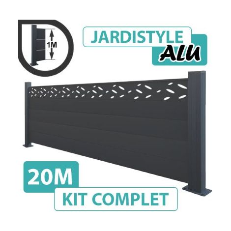 Cloture & Jardin – Clôture aluminium gris anthracite 20M – Lames 2m x 20cm – Poteaux renforcés 7.2 x 7.2cm – Montage rapide sans entretien