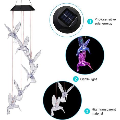 Clochettes Solaire LED Colibri, Décoration Extérieure Étanche à Changement de Couleur, Idée Cadeau Romantique pour Maman, Jardin, Maison, Fête