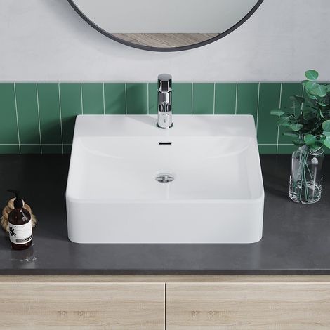 Waschbecken Keramik Weiß Aufsatzwaschbecken für das Badezimmer und Gäste-WC Handwaschbecken 28 - Eckig - 50 x 42 x 13,5 cm (1/5)