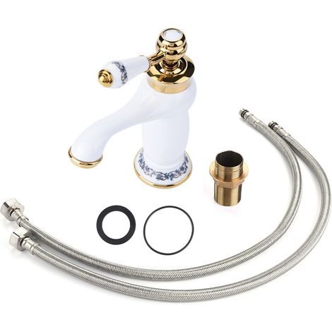 Motif floral Mélangeur à manche mono-manche Cold / eau chaude robinet pour lavabo de bassin de salle de bain (blanc) (1/5)