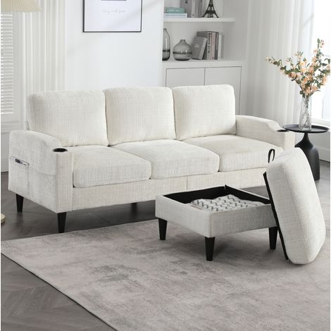 Divano 4 posti 196.5x75x77 cm, con pouf contenitore, braccioli con portabicchieri e tasche laterali, chenille beige (1/5)