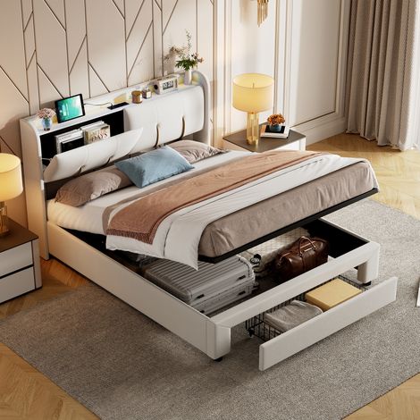 Lit double capitonné 160x200 cm velours beige, fonction rangement, bandeau d'éclairage LED, ports de charge USB et USB-C, sommier à lattes, sans matelas (1/5)
