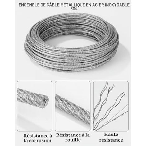 30M 304 Corde Cable Acier Inoxydable à Suspendre Kit, 3mm Câble Acier Inoxydable Revêtu Avec Tendeur fil a Linge et Crochets, pour Lumineuse, Plante Grimpante, Corde a linge (1/3)