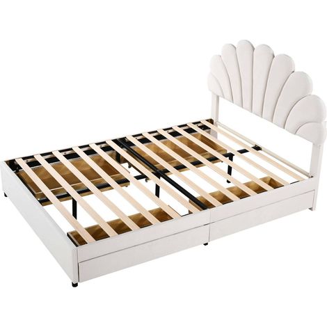 Lit capitonné 140 x 200 cm beige en velours, tête de lit fleurie, 4 tiroirs MODENUIT (1/5)