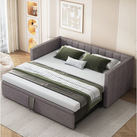 Sofá cama tapizado de terciopelo gris 90x200/180x200 cm con cama extraíble y somier de láminas (1/5)