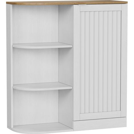 Mobile angolare bagno in MDF bianco e rovere con ripiani aperti e anta a griglia (1/5)