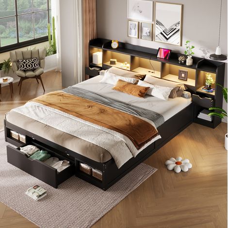 Letto matrimoniale 180x200 cm nero in MDF e compensato con LED, USB e contenitori (1/5)