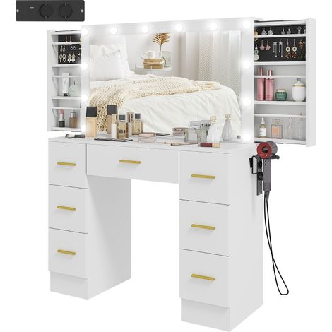 Schminktisch mit Spiegel und 12 LED-Lichtern, Frisiertisch mit 7 Schubladen, 6 versteckte Staufächer, Spanplatte, Weiß (1/5)