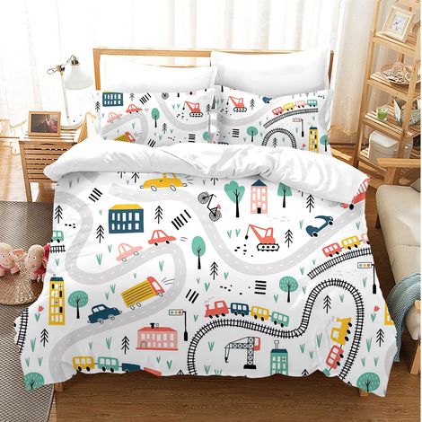 Ensemble de literie pour enfants 135x200cm, motif pelle mécanique, tracteur, voitures, housse de couette 3D imprimée, dessin animé, ensemble de housse de couette pour garçons, filles avec taie (1/5)