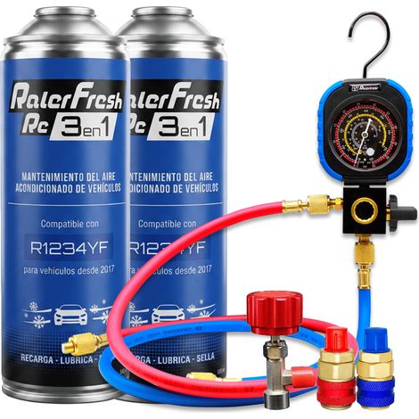 Pack gas refrigerante 2 botellas Ralerfresh RC R1234YF 3en1 500ml con Manometro RF31, llave y conectores