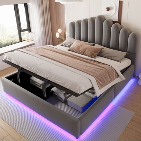 Letto contenitore 180x200 cm grigio in velluto con testiera imbottita, LED e sollevamento idraulico (1/5)