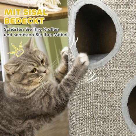 Tonne à griffer 3 niveaux pour chat, avec poteau en sisal, griffoir compact, 38 x 38 x 70 cm, gris clair (1/5)