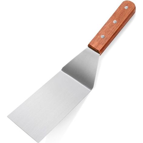 1 Spatule pour barbecue, acier inoxydable brossé, manche en bois, bord tranchant unique, idéale pour viandes et légumes grillés (1/5)