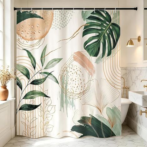 Rideau Douche 180x180cm, Tropical et Ginkgo Anti Moisissure, Motif Moderne Art Déco, Tissu Polyester Lavable, Imperméable, pour Salle de Bain, avec Crochets (1/5)