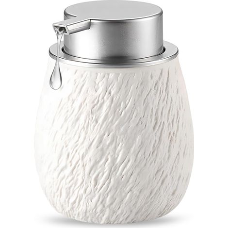 Dispensador de jabón de cerámica de 400 ml, acabado efecto piedra blanca, botón pulsador, recargable, apto para gel de ducha. (1/4)