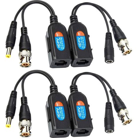 4 Pcs Balun HD Cat5 RJ45 vers BNC émetteur-récepteur Baluns Vidéo Passif avec Connecteur d'alimentation pour Caméra 1080P 3MP 4MP 5MP 8MP HD-CVI/TVI/AHD/CVBS / 960H