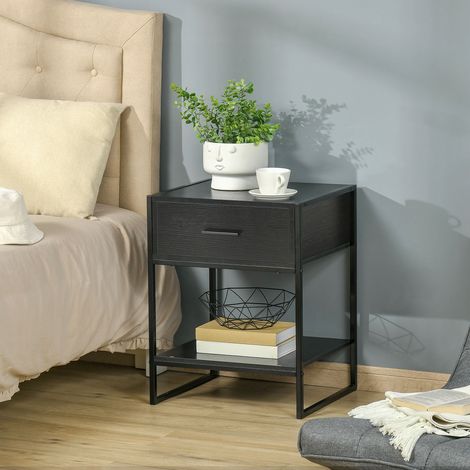 Table Chevet Tiroir Étagère Rangement Chambre Salon Bureau Mobilier Intérieur Noire 45x40x60cm