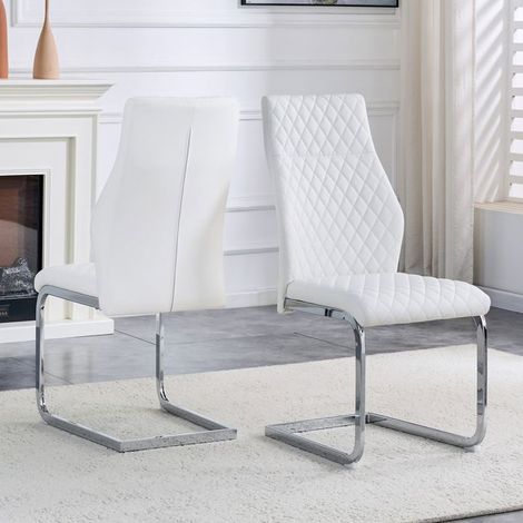 Chaise de salle à manger 2 pièces motif losange blanc dossier haut assise confortable rembourrée cadre métal argenté antidérapant et (1/5)