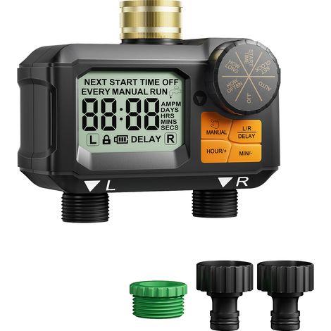 DEWENWILS Programmateur d'arrosage – 2 voies programmes indépendants – Mode auto/manuel, retard pluie – Écran LED 2,8", entrée eau laiton – Étanchéité IP55 – Arrosage jardin/pelouse