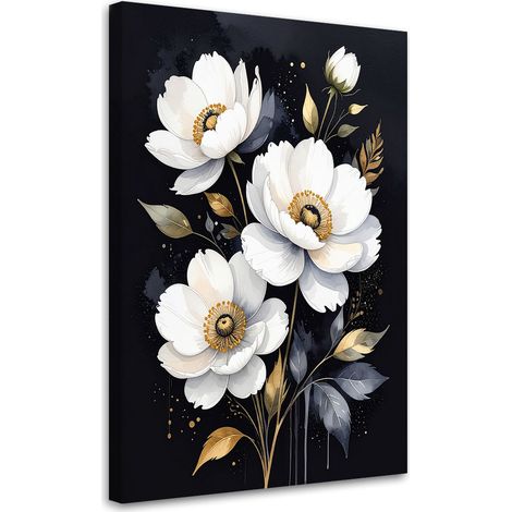 Tableau Moderne, Fleurs blanches sur fond noir,20x30 (1/4)