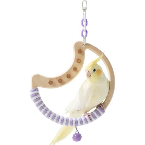 Balançoire naturelle pour oiseaux - Perchoir en forme de lune avec clochette et jouets en liège, support en bois pivotant pour perruches, perruches ondulées, inséparables et petits/moyens oiseaux (bla (1/5)