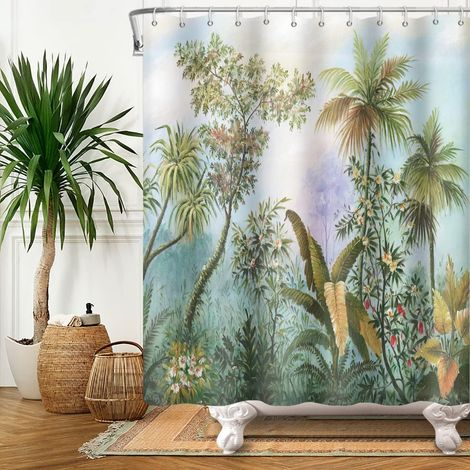 165x183cm Palmier Arbre Rideau de Douche Tropical Plante Vert Feuilles d'arbre Fleur Rideau de Bain Rural Naturel Paysage Rideau de Baignoire Tissu Étanche pour Salle de Bain avec Crochets (1/5)